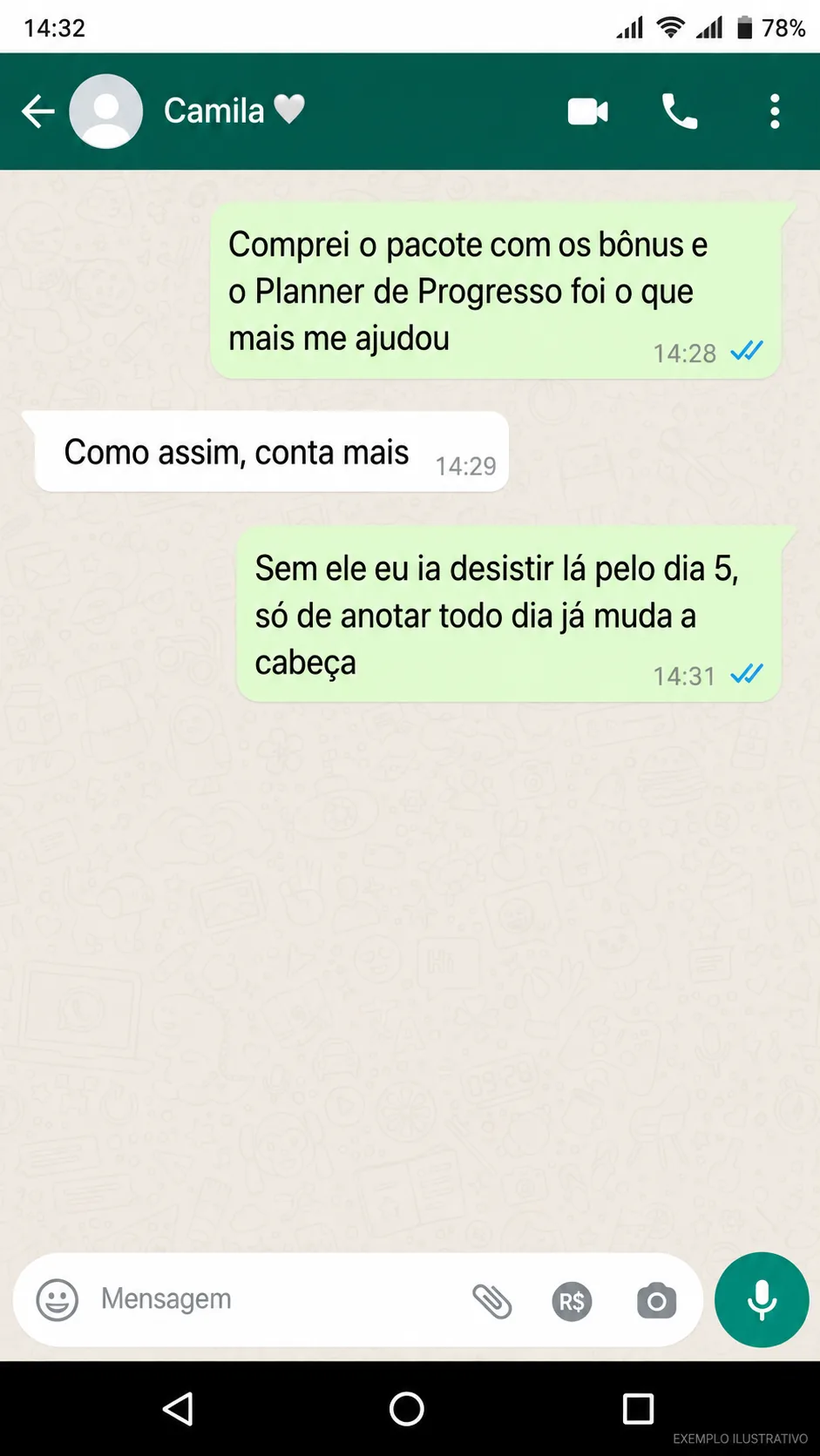 Depoimento ilustrativo — conversa sobre o Planner de Progresso